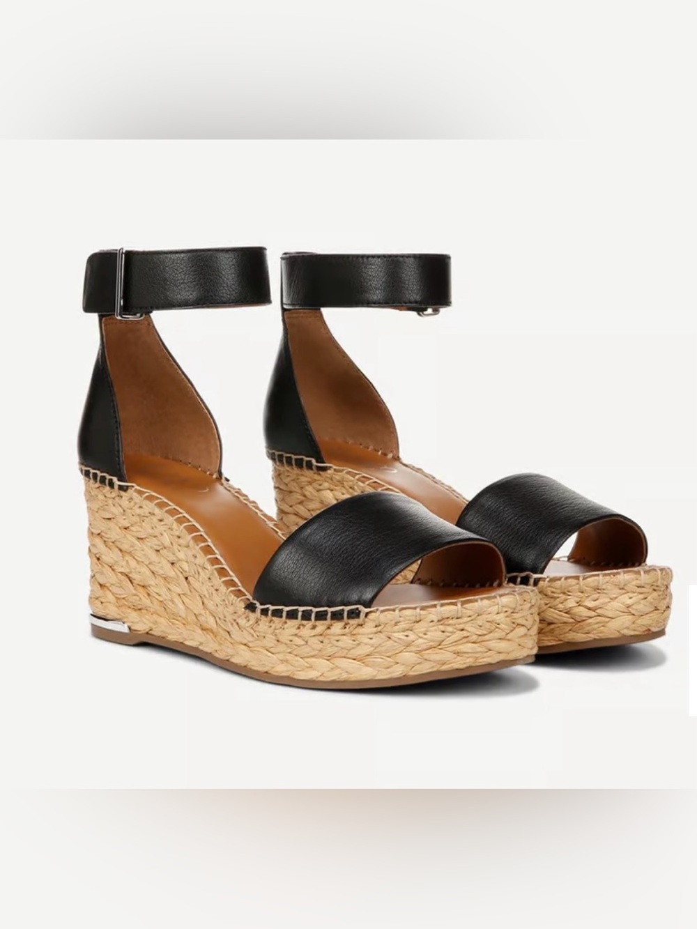 Franco Sarto Black Leather Espadrille Wedge Sandals with Ankle Strap